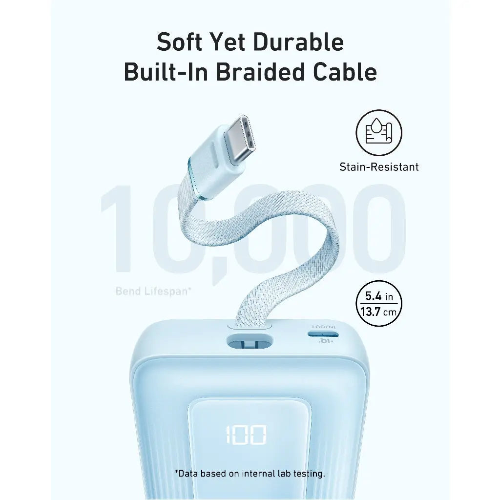 Anker Power Bank 10K 30W Built-In USB-C Cable Blue - باوربنك 10000 ملي امبير مع كيبل تايب سي مدمج 30 واط وشاشة رقمية من انكر ازرق