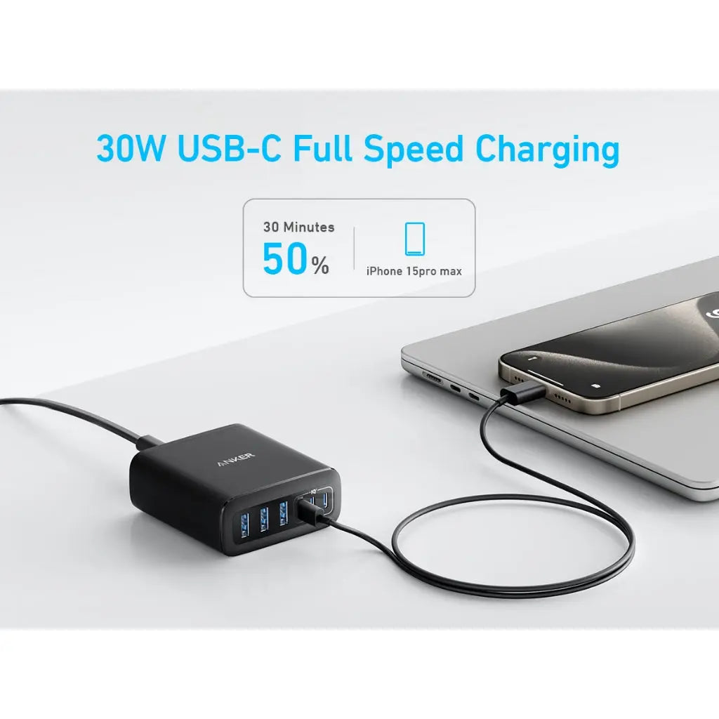 Anker Charger 112W 6-Ports 3A3C GaN UK Black - شاحن 112 واط متعدد المنافذ من انكر اسود