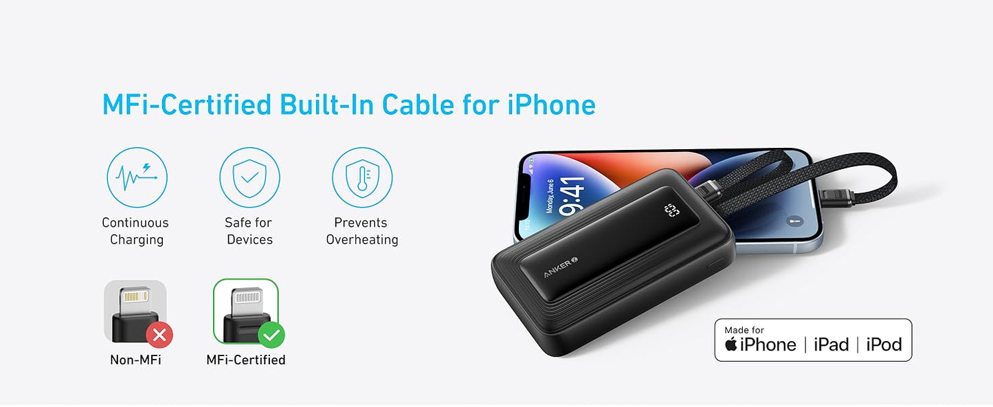 Anker Power Bank 10K mAh 30W Built-In USB-C+Lightning Cable - باوربنك 10000 ملي امبير مع كيبلان (تايب سي - لايتننغ) مدمجان 30 واط وشاشة رقمية من انكر