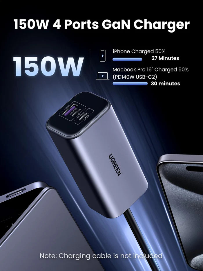 UGREEN Car Charger 150W 4-Port GaN Fast - شاحن سيارة سريع بقدرة 150 واط، 4 منافذ بتقنية GaN من يوكرين