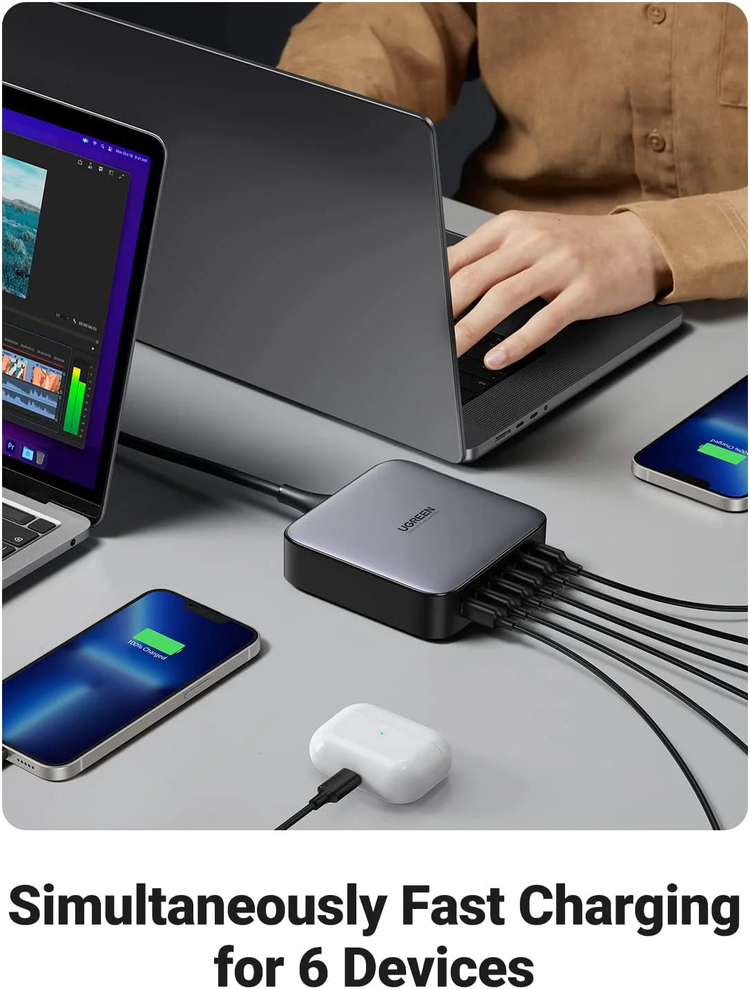 UGREEN Charger 6-Port GaN Desktop 200W With Cable Type-c To Type-c 100W 1M - شاحن 200 واط متعدد المنافذ مع كيبل تايب سي تايب سي 100 واط من يوكرين
