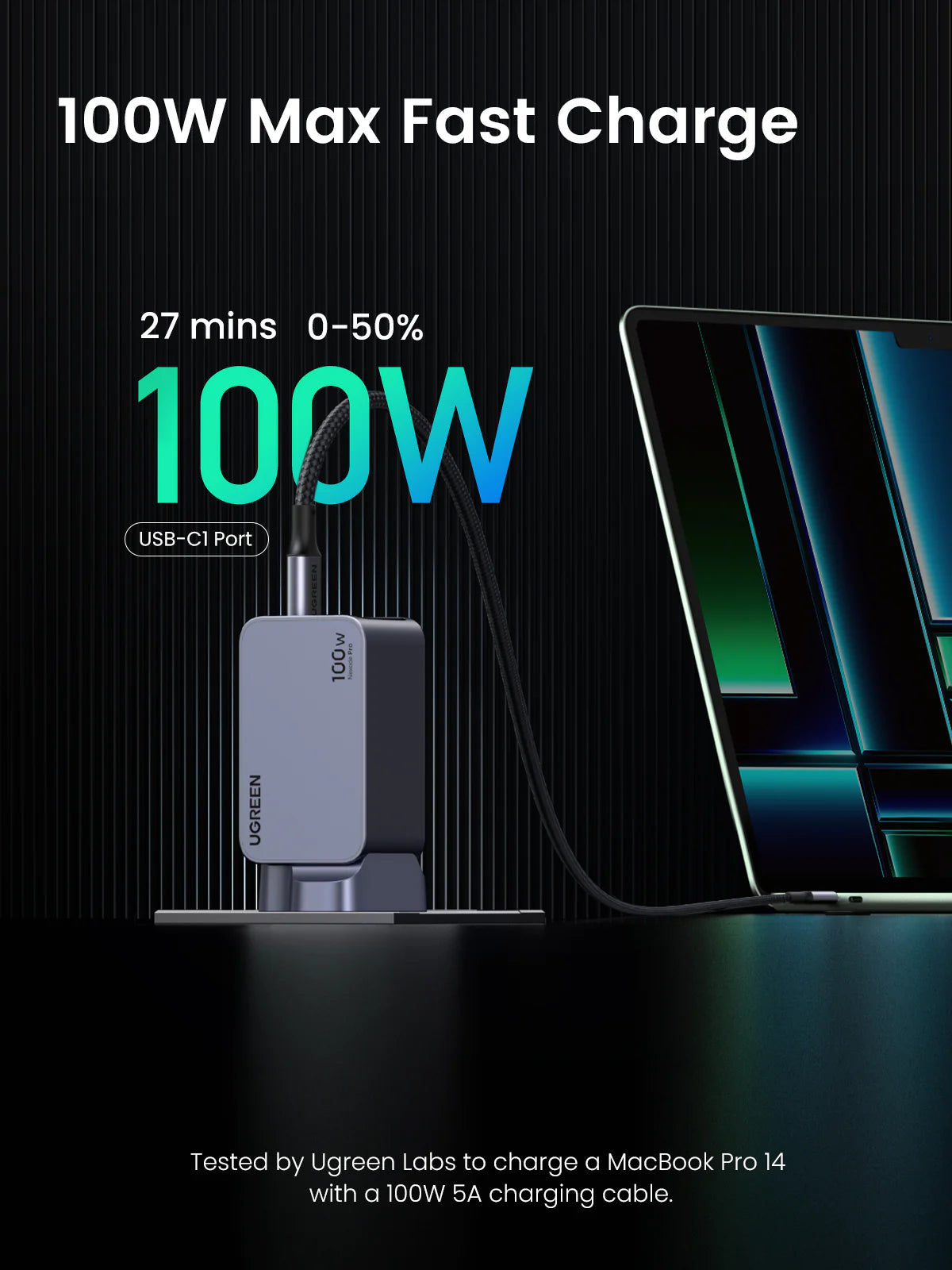 UGREEN Charger Nexode Pro Gan With Cable 100W 3-Port - شاحن 100 واط مع 3 منافذ وكيبل تايب سي تايب سي من يوكرين
