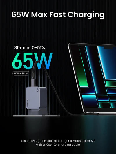 UGREEN Charger Nexode Pro 3port Gan With Cable 65W UK - شاحن 65 واط مع 3 منافذ وكيبل تايب سي تايب سي من يوكرين