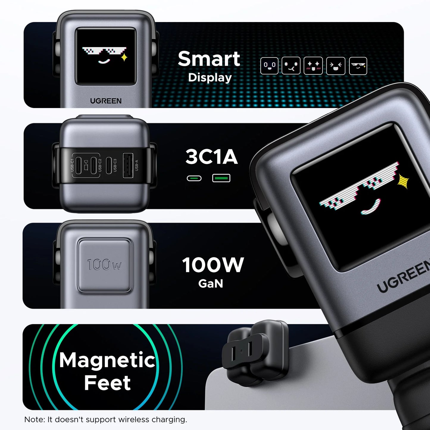 UGREEN Charger Nexode Robot GaN Black 100W 4Port - شاحن 100 واط على شكل روبوت مع 4 منافذ من يوكرين