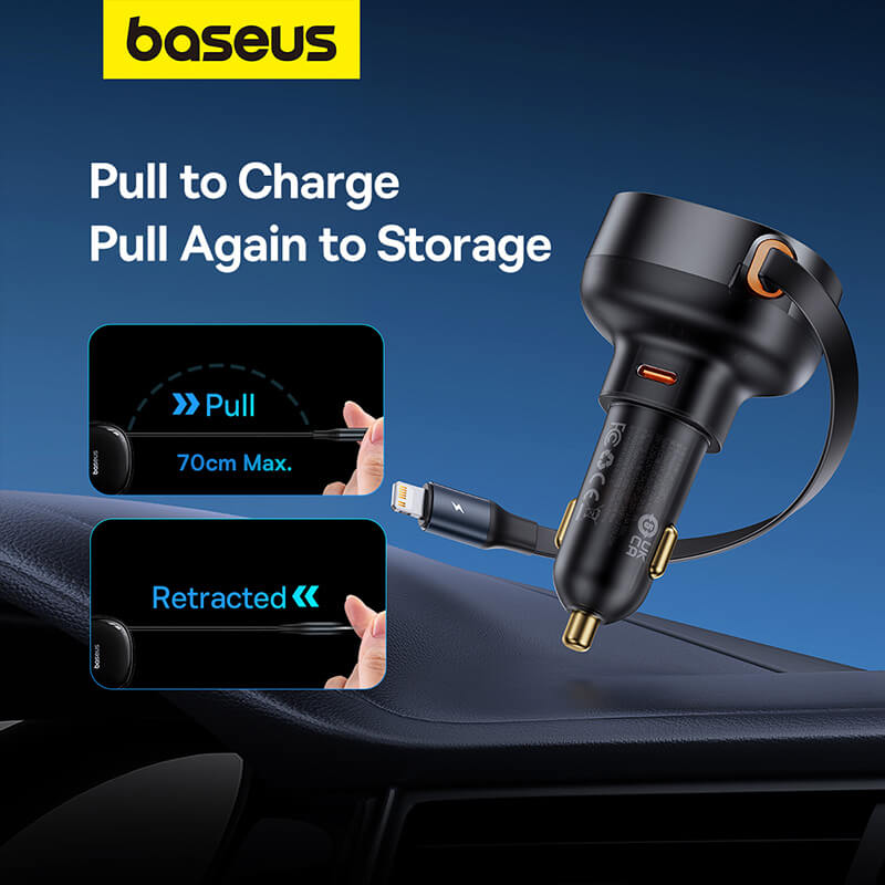 BASEUS ENJOYMENT PRO CAR CHARGER C+RETRACTABLE IP CABLE 55W CLUSTER - شاحن سيارة تايب سي مع كيبل لايتننغ مدمج 55 واط  من باسيوس