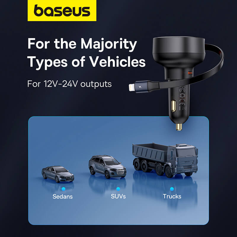 BASEUS ENJOYMENT PRO CAR CHARGER C+RETRACTABLE IP CABLE 55W CLUSTER - شاحن سيارة تايب سي مع كيبل لايتننغ مدمج 55 واط  من باسيوس