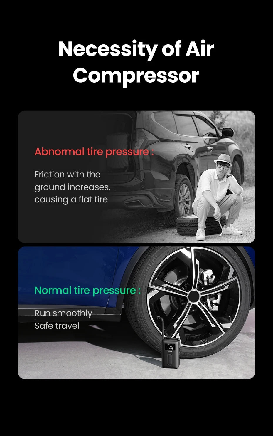 UGREEN Car Portable Tire Inflator -  منفاخ اطارات كهربائي محمول من يوكرين