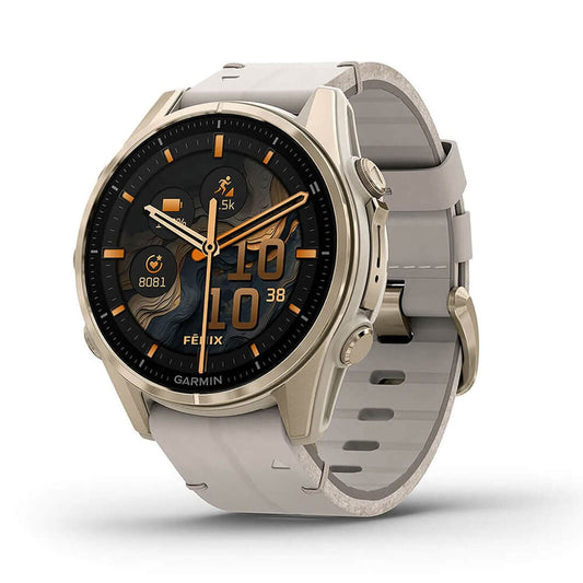 GARMIN FENIX 8 AMOLED-SAPH 43MM SOFT GOLD WITH LIMESTONE LEATHER BAND - ساعة ذكية بمقاس 43 ملم من كارمن