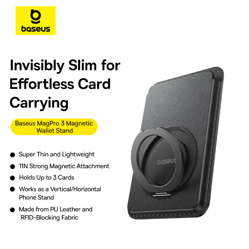 BASEUS MAGPRO 3 MAGNETIC WALLET STAND COSMIC BLACK - محفظة بطاقات مغناطيسية مع ستاند من باسيوس اسود