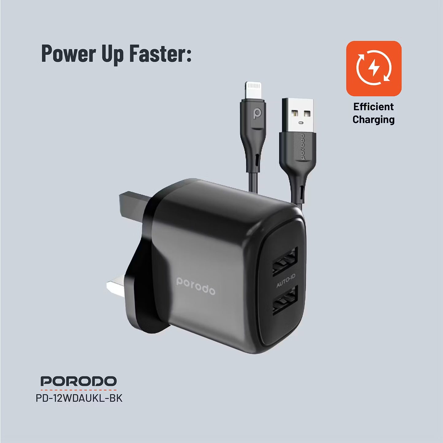 Porodo 12W Double USB 2.4A Charger UK with A-Lightning 1.2M cable Black - شاحن 12 واط مع كيبل يو اس بي لايتننغ من بورودو اسود