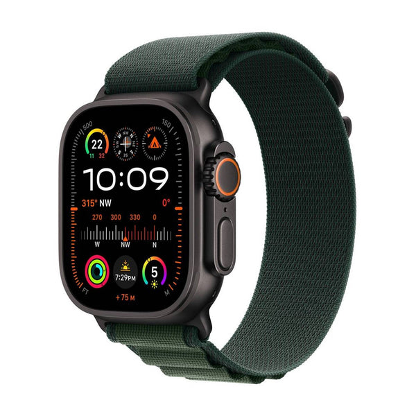 Apple Watch Ultra 2 49mm Black Titanium Case with Dark Green Alpine Loop Large - ساعة ابل الترا 2 هيكل من التيتانيوم الأسود مقاس 49 ملم مع حزام جبال الألب باللون الأخضر الداكن - مقاس كبير -