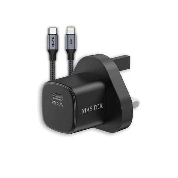 MASTER PD 20W MINI CHARGER WITH CBALE 27W C to L Black - شاحن تايب سي 20 واط مع كيبل تايب سي ايفون 27 واط من ماستر اسود