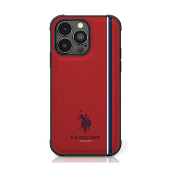 U.S.Polo Assn. PU Leather Case with DH Tricolor Line for iPhone 15 Pro Max  - كفر جلد البولي يوريثان للايفون 15 برو ماكس من يو اس بولو اسن احمر