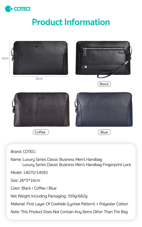 COTECI LUXURY SERIES CLASSIC BUSINESS MEN''S HANDBAG 14070 - حقيبة يد جلد مع قفل رقمي من كوتي