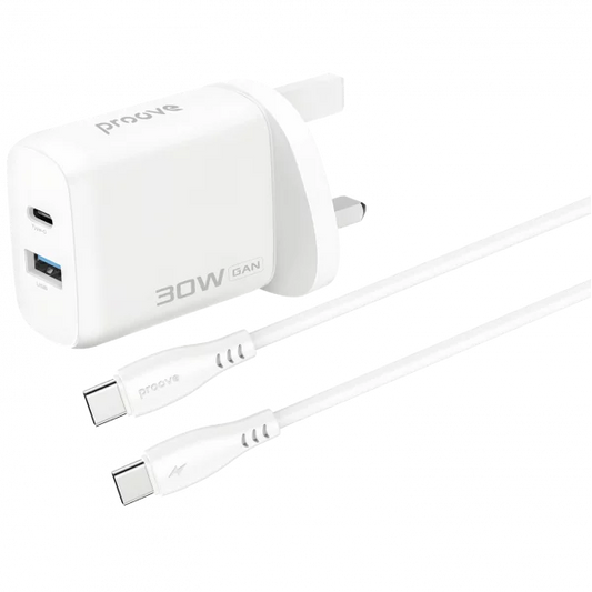 Proove Wall Charger Silicone Power 2 30W (Type-C + USB) + Cable Type-C to Type-C 60W (1m) UK white - شاحن 30 واط مع كيبل تايب سي تايب سي 60 واط 1 متر من بروف ابيض