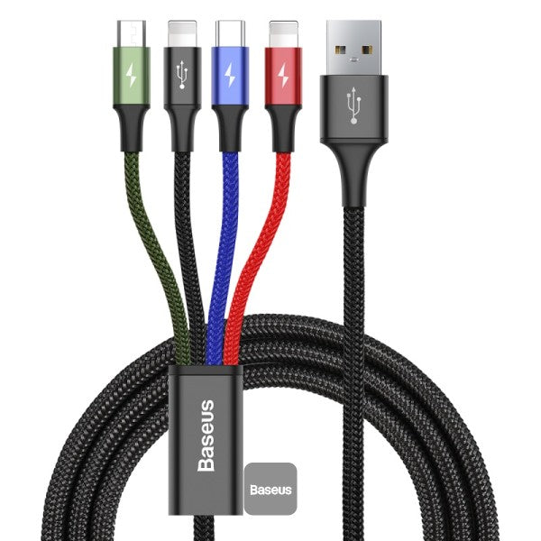 BASEUS EXTREME SPEED SERIES ONE TO FOUR DATA CABLE LIGHTNING+DUAL TYPE-C+MICRO 3.5A 1.2M BLACK - كيبل يو اس بي 4 في 1 من باسيوس اسود