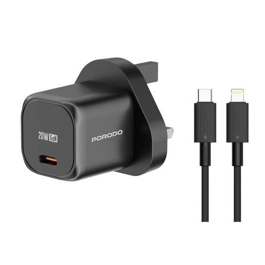 Porodo PD 20W UK Fast Charger with C to L Cable - شاحن تايب سي 20 واط مع كيبل تايب سي لايتننغ من بورودو