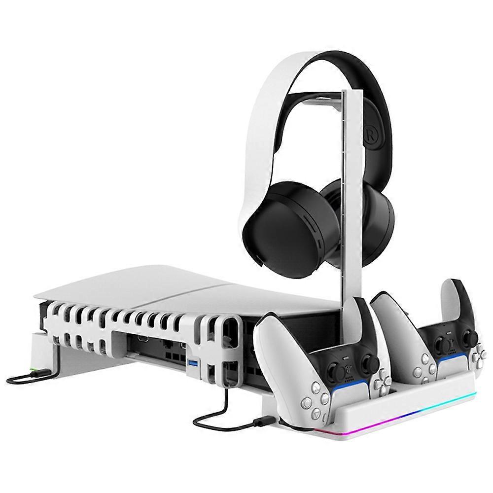 HORIZONTAL STAND COOLING FANS+CHARGING+HEADSET HOLDER+RGB LIGTING FOR P5 PRO/P5 SLIM - ستاند افقي متعدد الوظائف مع تبريد وشحن وحامل سماعة واضاءة RGB لجهاز بلايستيشن 5 سليم وبرو