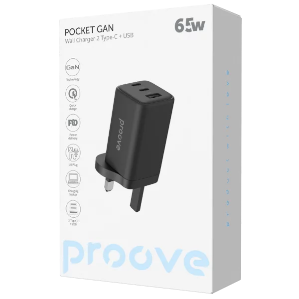 Proove Wall Charger Pocket GaN 65W (2*Type-C + USB) UK black - شاحن 65 واط من بروف