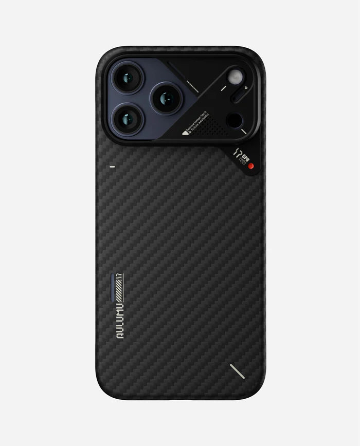 Black phone case with carbon fiber texture on a white background