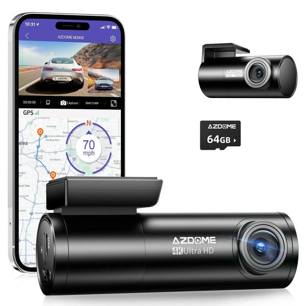 Azdome Dash Cam M300S 2 Channel 4K with 64GB TF card - كاميرا سيارة امامية 4K وخلفية 1080 مع واي فاي وGPS وكرت 64GB من ازدوم