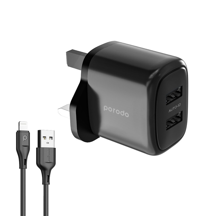 Porodo 12W Double USB 2.4A Charger UK with A-Lightning 1.2M cable Black - شاحن 12 واط مع كيبل يو اس بي لايتننغ من بورودو اسود