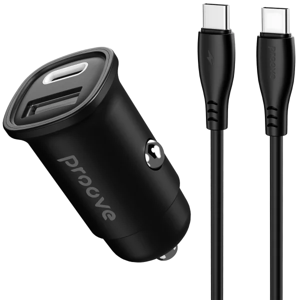 Proove Car Charger  Flash 30W (Type-C + USB) + Cable Type-C to Type-C black - شاحن سيارة 30 واط مع كيبل تايب سي تايب سي من بروف اسود