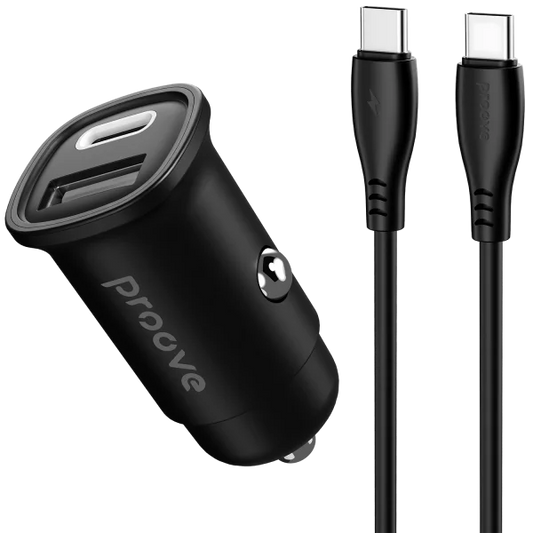 Proove Car Charger  Flash 30W (Type-C + USB) + Cable Type-C to Type-C black - شاحن سيارة 30 واط مع كيبل تايب سي تايب سي من بروف اسود