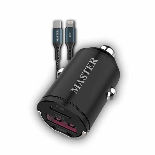 MASTER Dual Port LED Car Charger PD 30W+QC 18W MIX 48W with Type-C to Lightning Cable Cable 1.20M 27W BLACK - شاحن سيارة 48 واط مع كيبل تايب سي لايتننغ 27 واط من ماستر