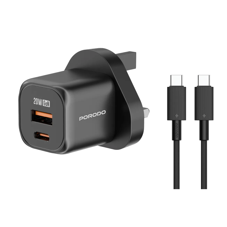 Porodo PD 20W USB QC3.0 UK Fast Charger with C to C Cable Black - شاحن 20 واط مع كيبل تايب سي تايب سي من بورودو
