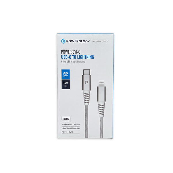 Powerology Nylon Braided Aluminum Shell Type-C to Lightning 27W 1.2M Cable White - كيبل تايب سي ايفون27 واط 1.2 متر من باورولوجي ابيض