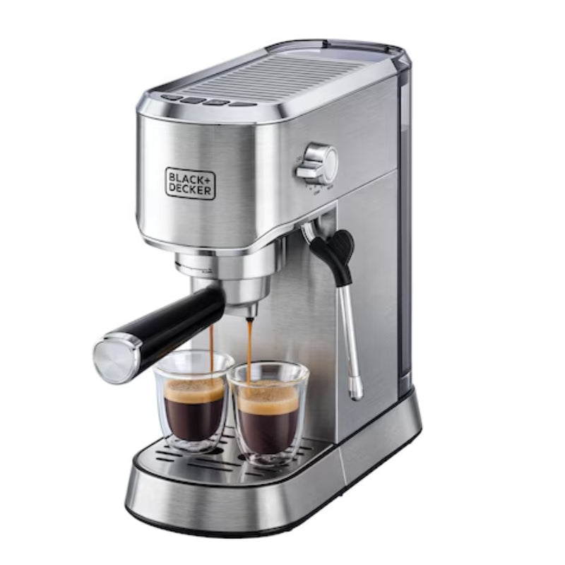 Black&Decker ECM150-B5 espresso coffee machine 15Par silver - ماكنة تحضير الاسبريسو 1450 واط 15 بار من بلاك اند ديكر