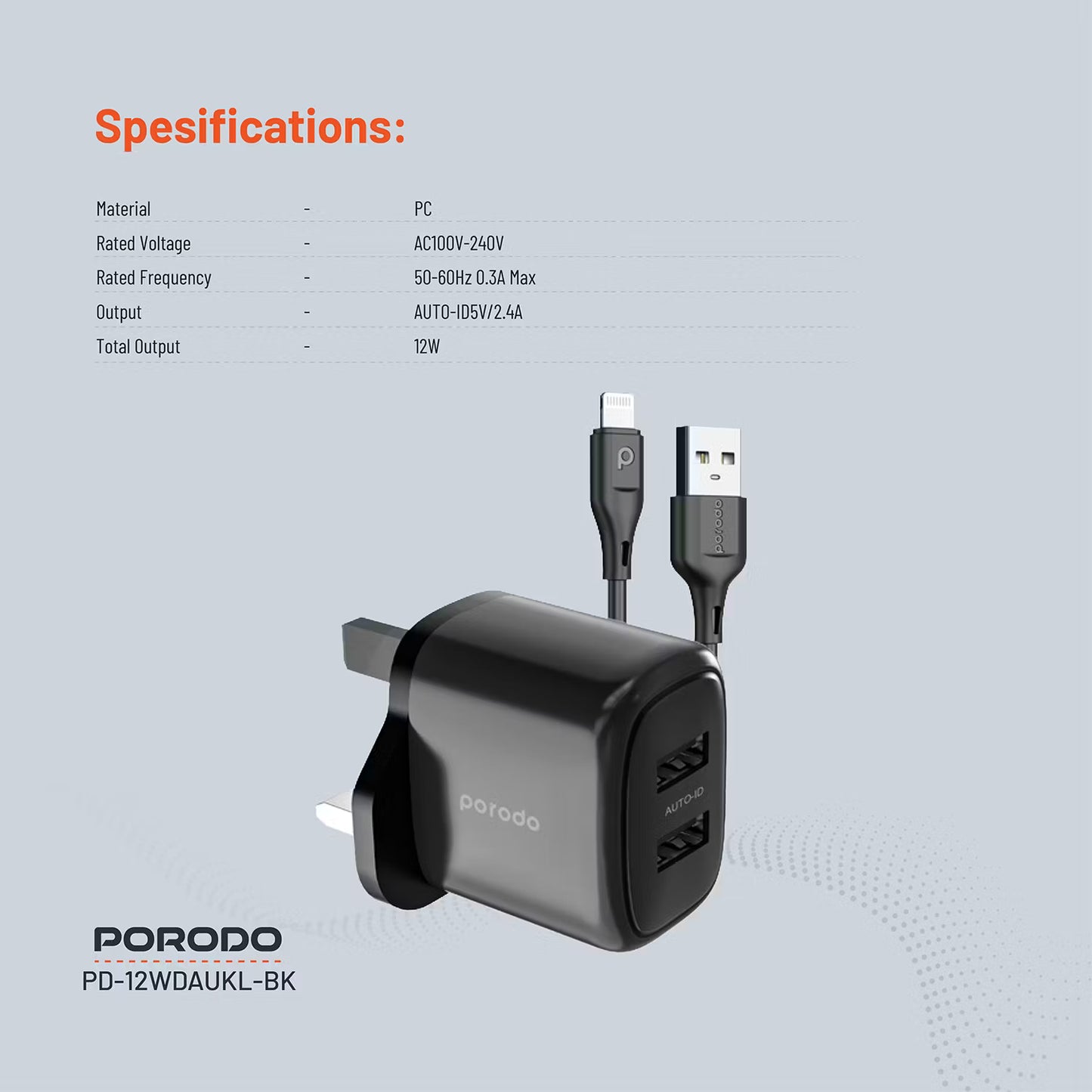 Porodo 12W Double USB 2.4A Charger UK with A-Lightning 1.2M cable Black - شاحن 12 واط مع كيبل يو اس بي لايتننغ من بورودو اسود