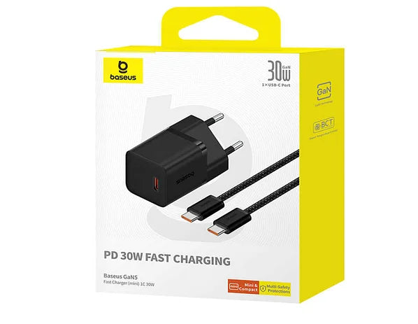 Baseus GaN5 Fast Charger(mini) 1C 30W EU Midnight Purple(With: Baseus Dynamic 3 Series Fast Charging Data Cable Type-C to Type-C 100W 1m Mi - شاحن تايب سي 30 واط مع كيبل تايب سي تايب سي 100 واط من باسيوس