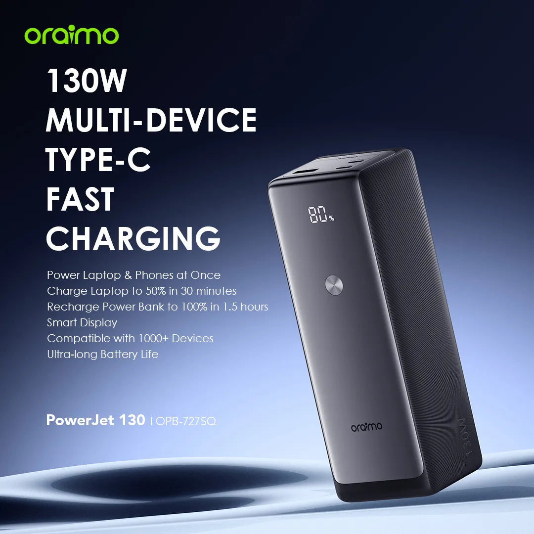 Oraimo PowerJet 130 27600mAh 130W Power Bank - باوربنك 27600 ملي امبير 130 واط مع شاشة رقمية من اورايمو