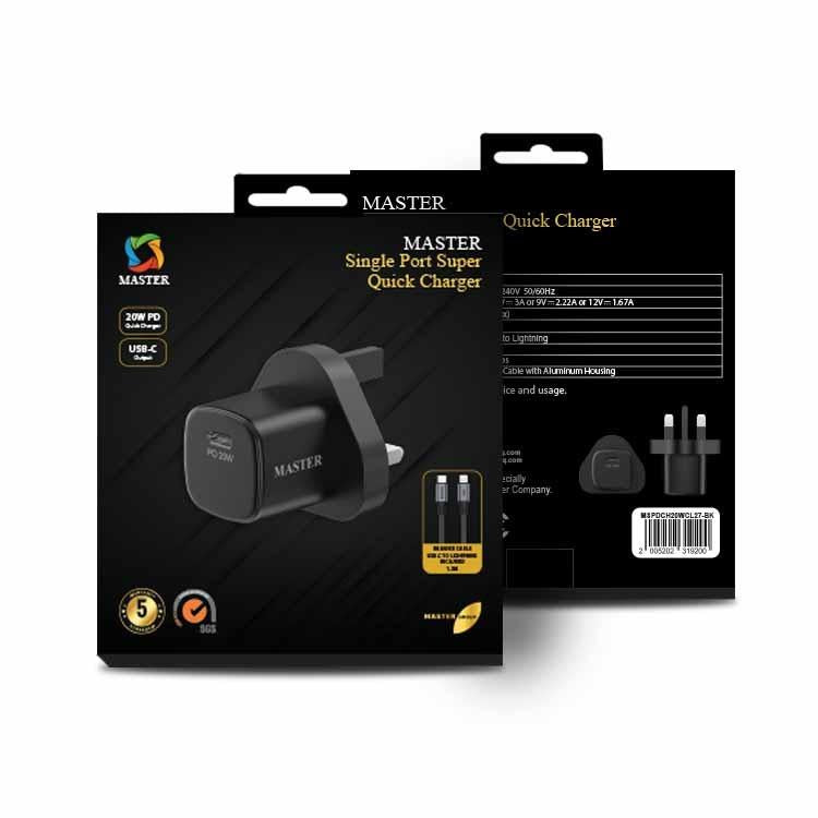 MASTER PD 20W MINI CHARGER WITH CBALE 27W C to L Black - شاحن تايب سي 20 واط مع كيبل تايب سي ايفون 27 واط من ماستر اسود