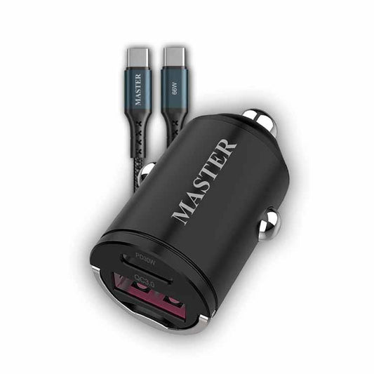 MASTER Dual Port LED Car Charger PD 30W+QC 18W MIX 48W with Type-C to Type-C Cable 1.20M 66W - شاحن سيارة 48 واط مع كيبل تايب سي تايب سي 66 واط من ماستر