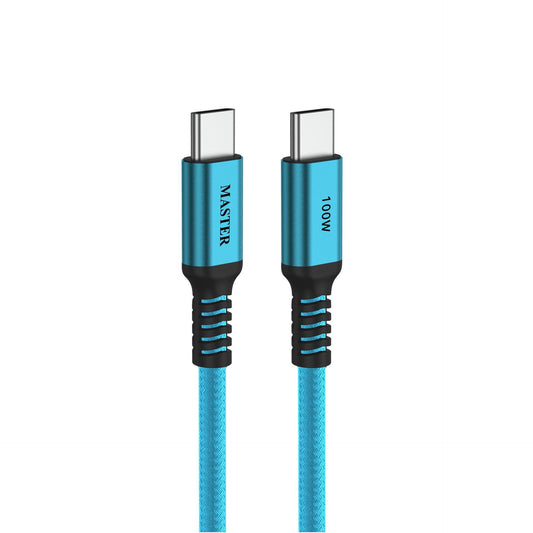 Master Braided 100 W Cable USB-C to USB-C 1.20M  Light Teal - كيبل تايب سي تايب سي 100 واط بطول 1.2 متر من ماستر ابيض