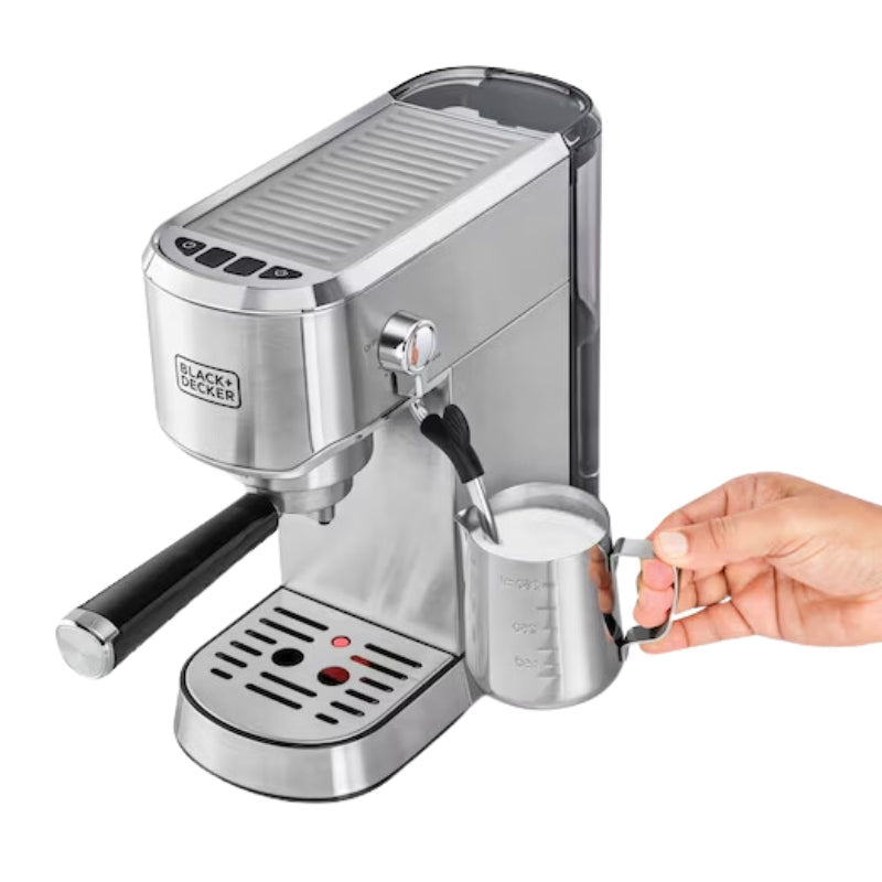 Black&Decker ECM150-B5 espresso coffee machine 15Par silver - ماكنة تحضير الاسبريسو 1450 واط 15 بار من بلاك اند ديكر