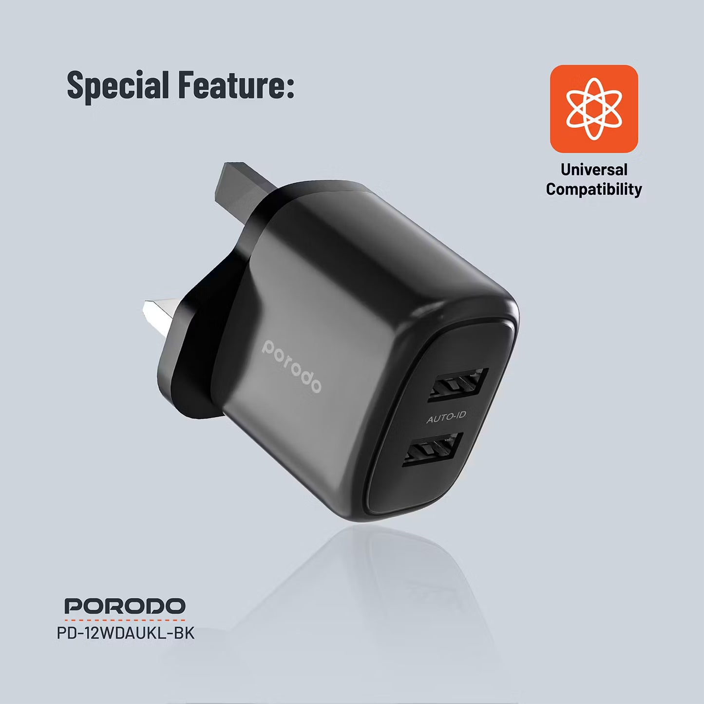 Porodo 12W Double USB 2.4A Charger UK with A-Lightning 1.2M cable Black - شاحن 12 واط مع كيبل يو اس بي لايتننغ من بورودو اسود