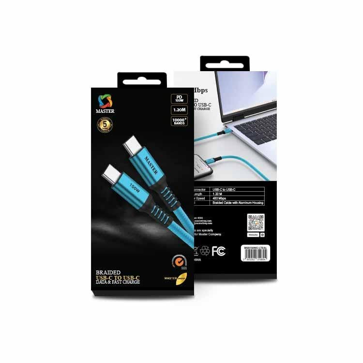 Master Braided 100 W Cable USB-C to USB-C 1.20M  Light Teal - كيبل تايب سي تايب سي 100 واط بطول 1.2 متر من ماستر ابيض