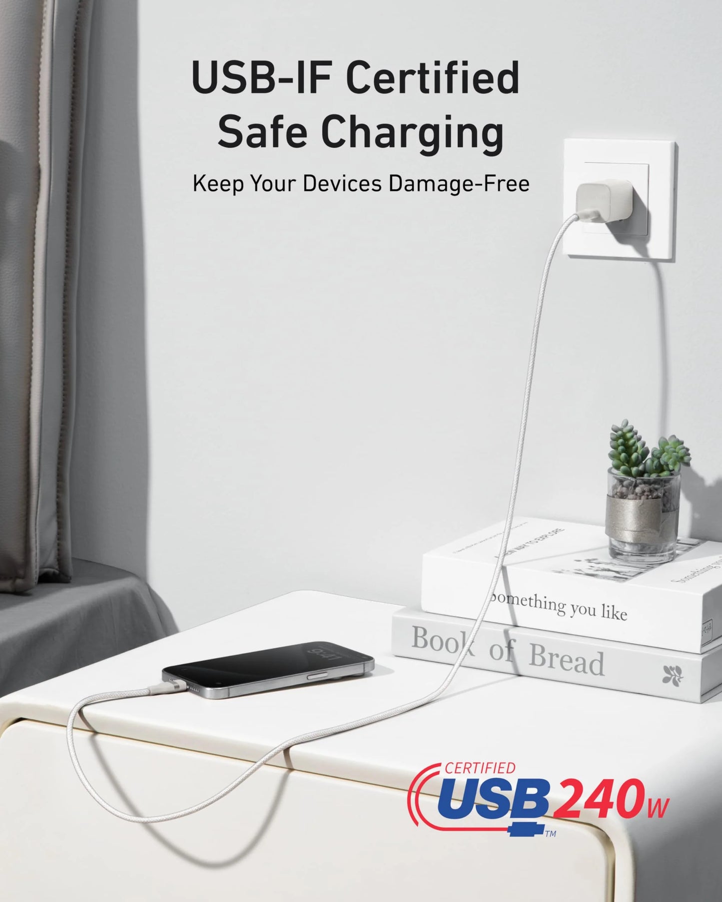 Anker USB-C to C Cable 3ft 240W Upcycled-Braided White - كيبل تايب سي تايب سي 240 واط 1 متر من انكر ابيض