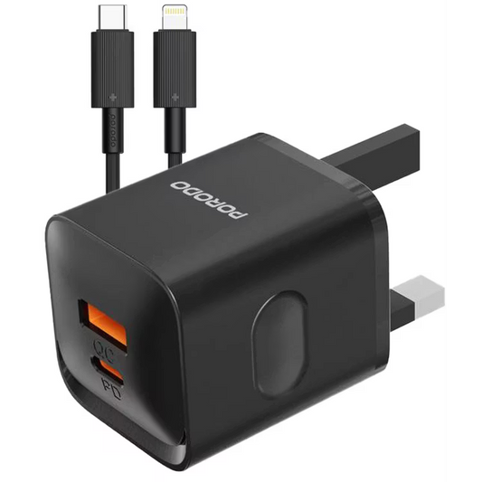 Porodo PD+QC 20W UK Charger with Type-C to Lightning Cable Black - شاحن 20 واط مع كيبل تايب سي ايفون من بورودو اسود