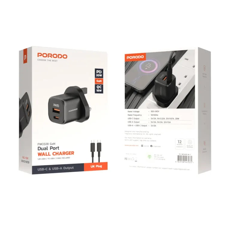 Porodo PD 20W USB QC3.0 UK Fast Charger with C to C Cable Black - شاحن 20 واط مع كيبل تايب سي تايب سي من بورودو