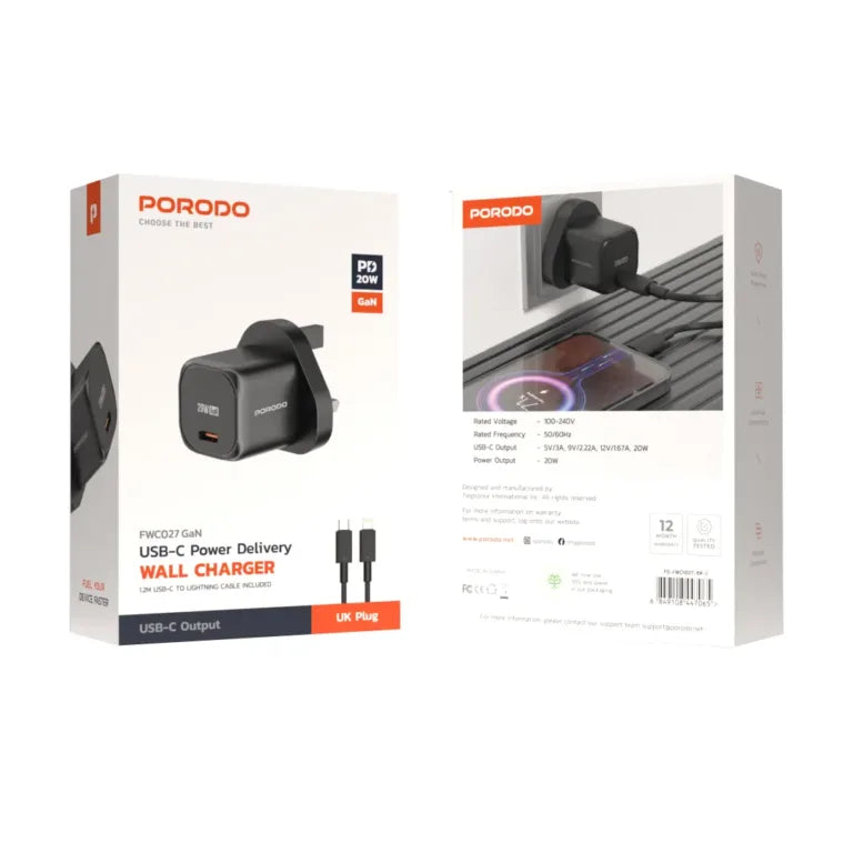 Porodo PD 20W UK Fast Charger with C to L Cable - شاحن تايب سي 20 واط مع كيبل تايب سي لايتننغ من بورودو