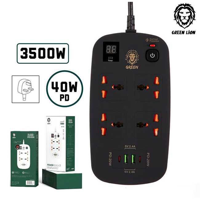 Green 4 AC 2 USB & 2 USB-C PD 40W Multiport Smart Power Socket 3500W 3M Black - سيار كهربائي ذكي متعدد المنافذ 3500 واط من كرين اسود