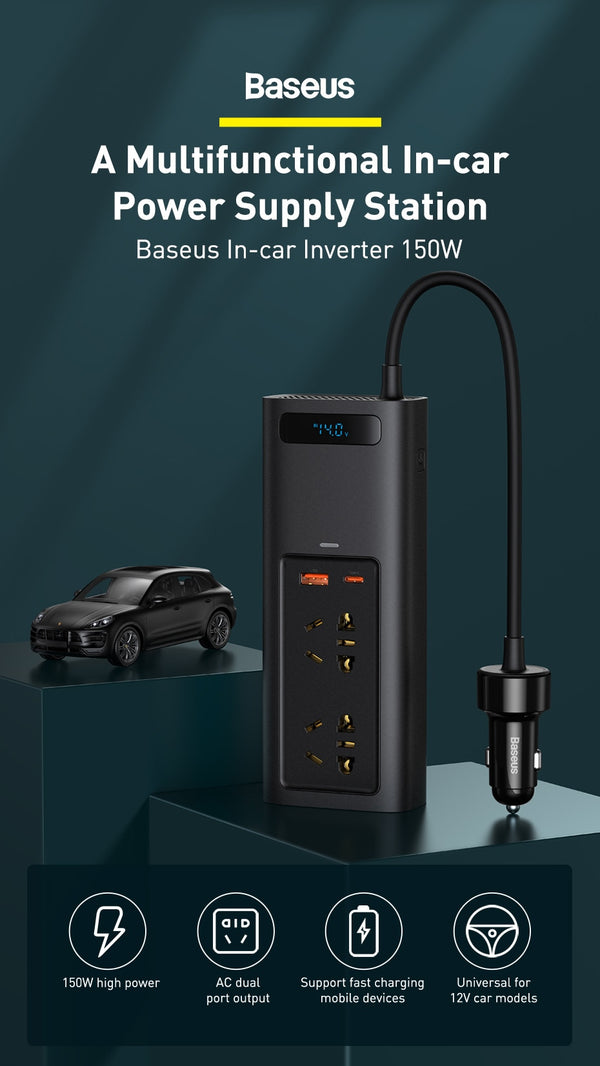 BASEUS 150W HIGH OUTPUT INVERTER PRO - محول الطاقة بمنفذ الجداحة 150 واط مع ثلاث منافذ للشحن من باسيوس