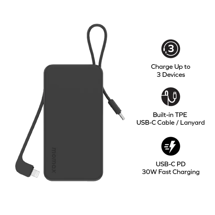 Momax Power Vital+ 10000mAh Battery Pack with Built-in USB-C and Lightning Cable Black - باوربنك 10000 ملي امبير مع كيبل تايب سي و لايتننغ مدمجين من موماكس