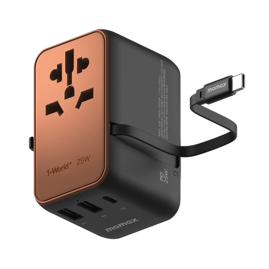 Momax World+ 25W 3-Port w/ Built-in USB-C Cable + AC Travel Adaptor Gold - شاحن عالمي للسفر 25 واط مع كيبل تايب سي مدمج وقابل للسحب من موماكس لون ذهبي