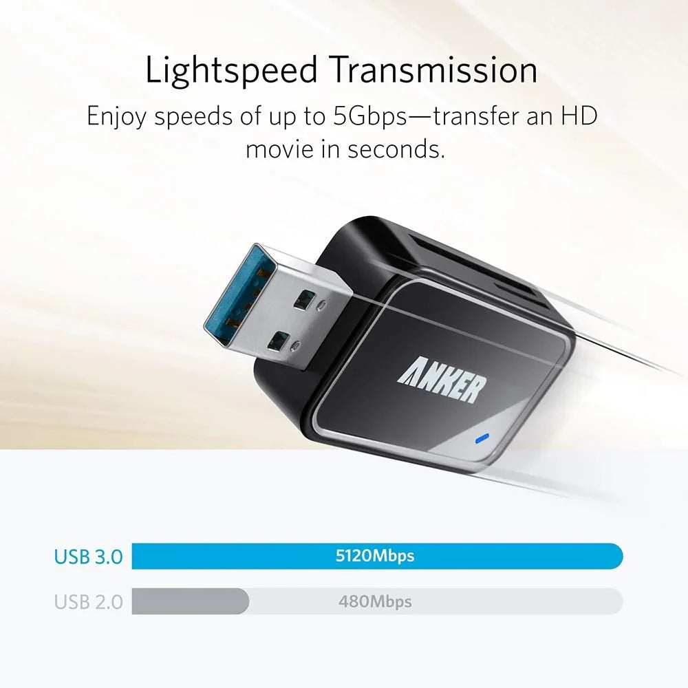 Anker 2-in-1 USB 3.0 Portable Card Reader Black  - قارئ بطاقات محمول 2 في 1 من انكر